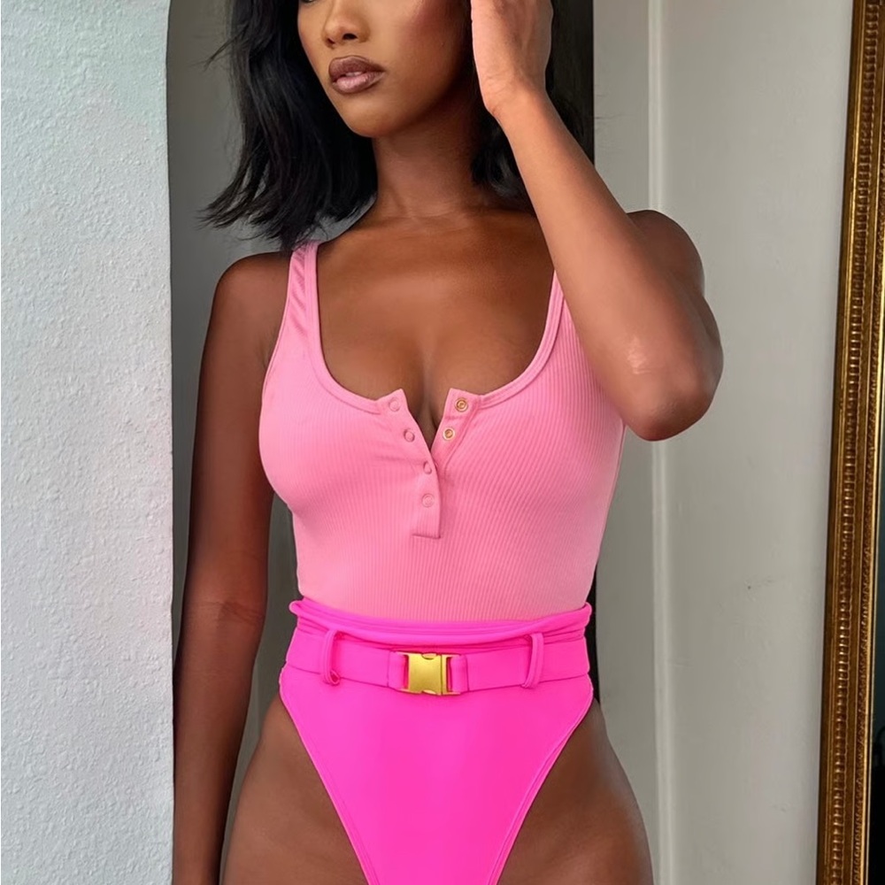 L'Animal Panthere Rose neon pink belted high cut high waist one piece swimsuit - Picture 2 of 15